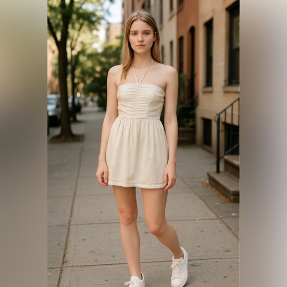 Zara Trafaluc Strapless Halter Style Mini Short Flowy‎ Dress, Off White, M - Picture 3 of 14